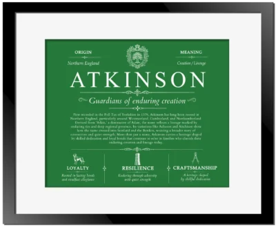 Atkinson family name meaning and history in Dark Green with Black Matte Frame