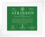 Atkinson family name meaning and history in Dark Green with White Matte Frame Atkinson family name meaning and history in Dark Green with White Matte Frame