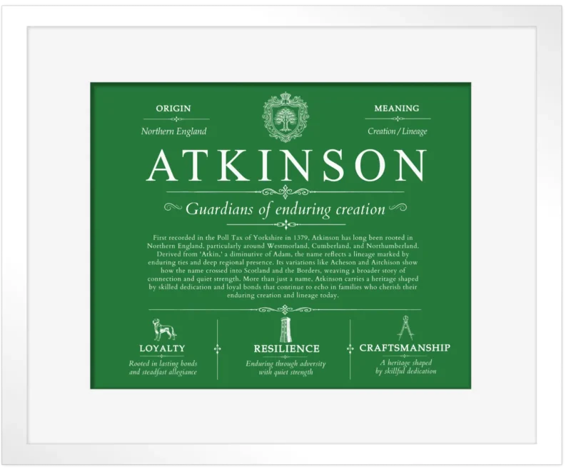 Atkinson family name meaning and history in Dark Green with White Matte Frame