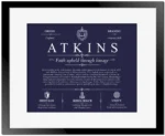 Atkins family name history in Navy Blue with Black Matte Frame