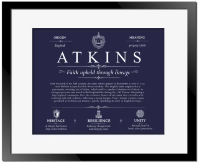 Atkins family name history in Navy Blue with Black Matte Frame