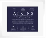 Atkins family name history in Navy Blue with White Matte Frame