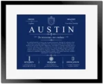 Austin family name meaning and origin in Deep Blue with Black Matte Frame