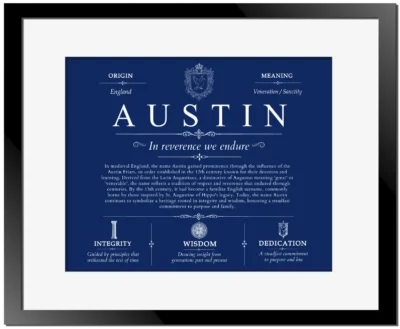 Austin family name meaning and origin in Deep Blue with Black Matte Frame