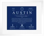 Austin family name meaning and origin in Deep Blue with White Matte Frame