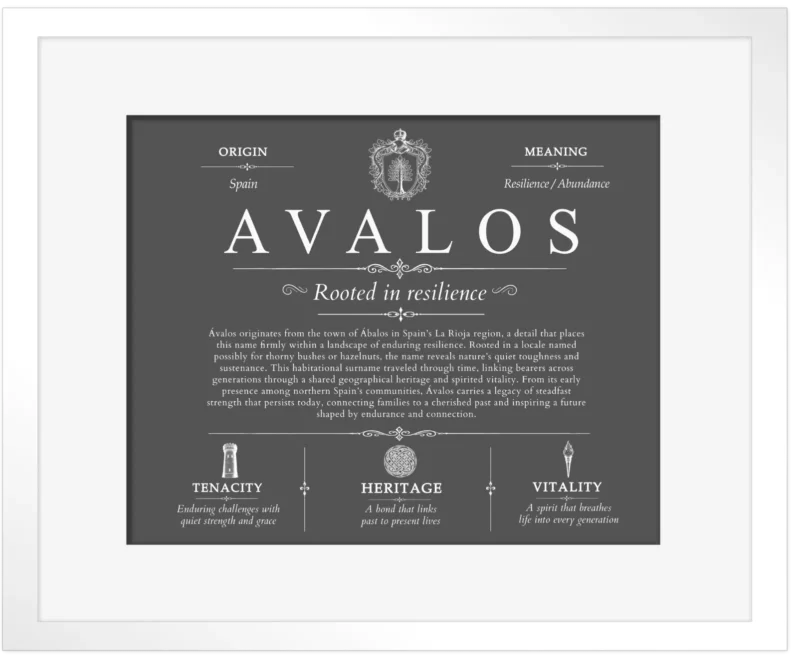Avalos surname origin and family heritage in Gray with White Matte Frame