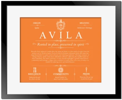 Avila family name origin and history in Orange with Black Matte Frame