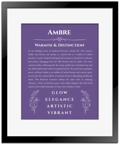 Ambre personalized name meaning print in purple with black matte frame