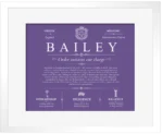 Bailey family name origin and history in Purple with White Matte Frame