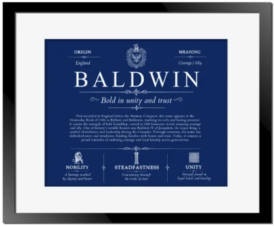 Baldwin surname heritage and history in Deep Blue with Black Matte Frame