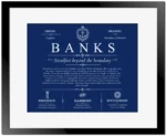 Banks personalized family surname in Deep Blue with Black Matte Frame