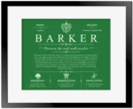 Barker surname history and family heritage in Dark Green with Black Matte Frame