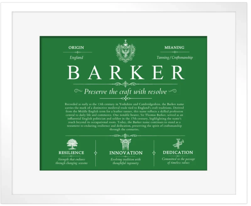 Barker surname history and family heritage in Dark Green with White Matte Frame