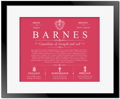 Barnes surname meaning history and origin in Red with Black Matte Frame