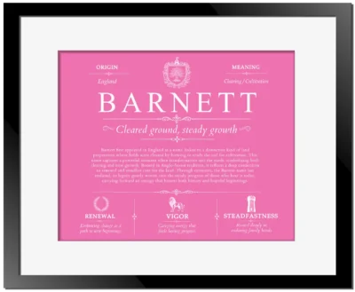 Barnett personalized family surname in Pink with Black Matte Frame