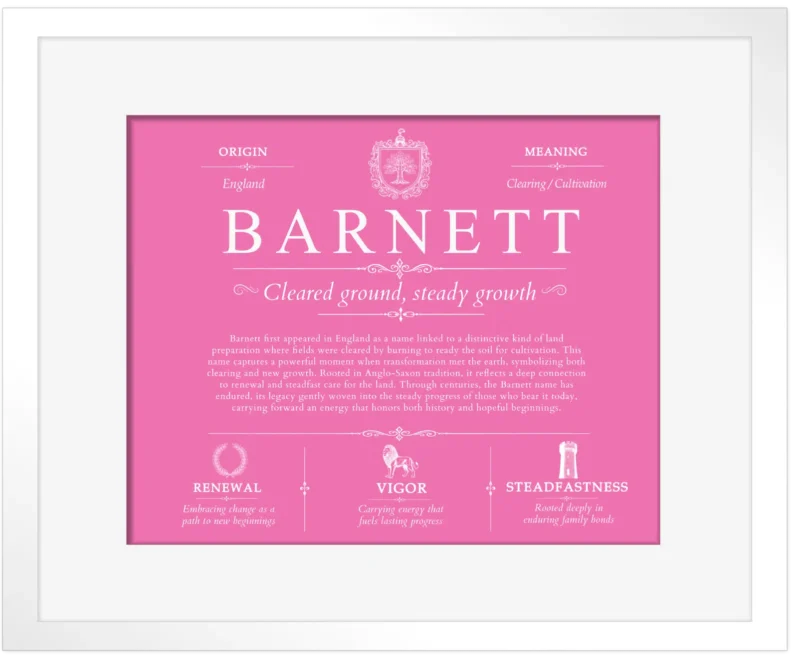 Barnett personalized family surname in Pink with White Matte Frame