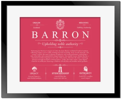 Barron surname meaning and origin in Red with Black Matte Frame