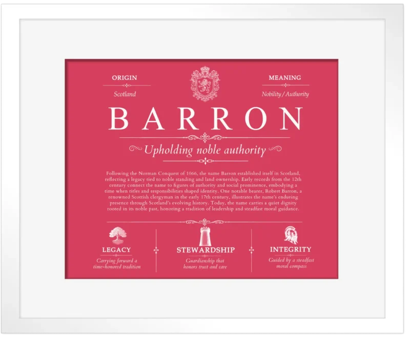Barron surname meaning and origin in Red with White Matte Frame