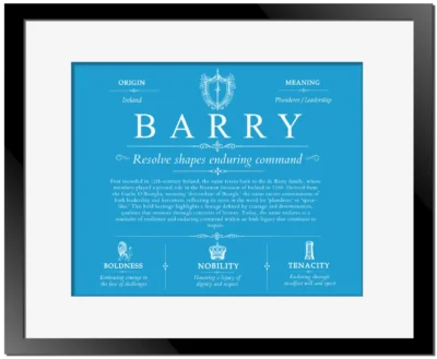 Barry last name origin and heritage in Blue with Black Matte Frame