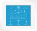 Barry last name origin and heritage in Blue with White Matte Frame Barry last name origin and heritage in Blue with White Matte Frame