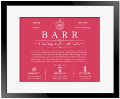 Barr family name history in Red with Black Matte Frame