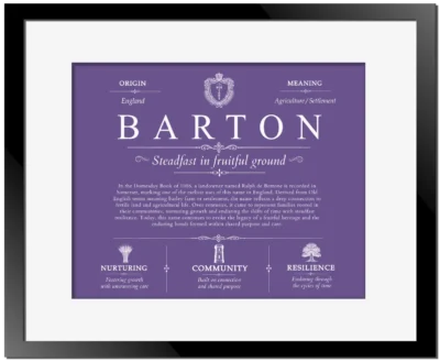 Barton family name origin and history in Purple with Black Matte Frame