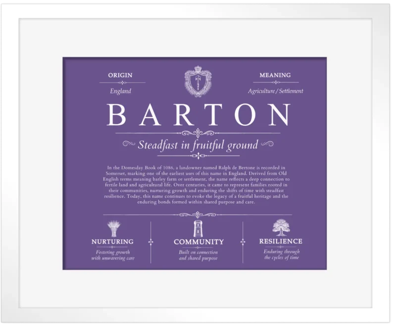 Barton family name origin and history in Purple with White Matte Frame