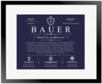 Bauer personalized surname meaning in Navy Blue with Black Matte Frame