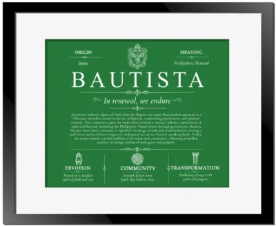 Bautista family name history in Dark Green with Black Matte Frame