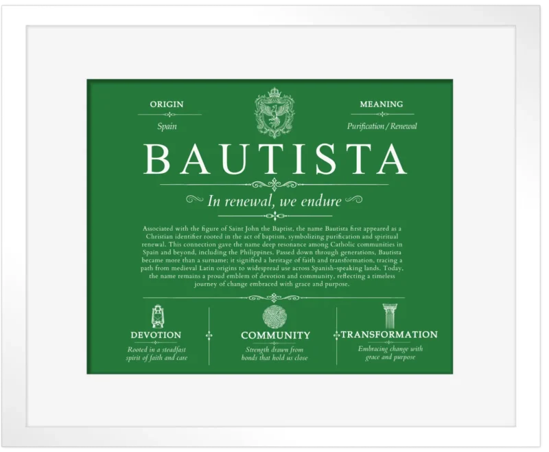 Bautista family name history in Dark Green with White Matte Frame