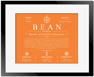 Bean family name meaning and history in Orange with Black Matte Frame