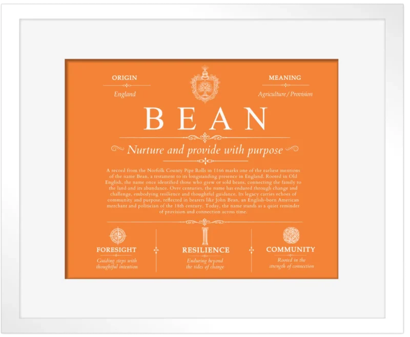 Bean family name meaning and history in Orange with White Matte Frame