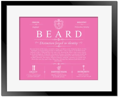 Beard surname meaning origin and heritage in Pink with Black Matte Frame