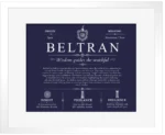 Beltran personalized family surname in Navy Blue with White Matte Frame