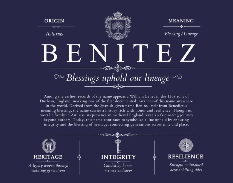 Benitez surname heritage and history in Navy Blue