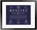 Benitez surname heritage and history in Navy Blue with Black Matte Frame