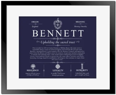 Bennett surname meaning and origin in Navy Blue with Black Matte Frame
