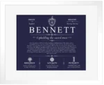 Bennett surname meaning and origin in Navy Blue with White Matte Frame