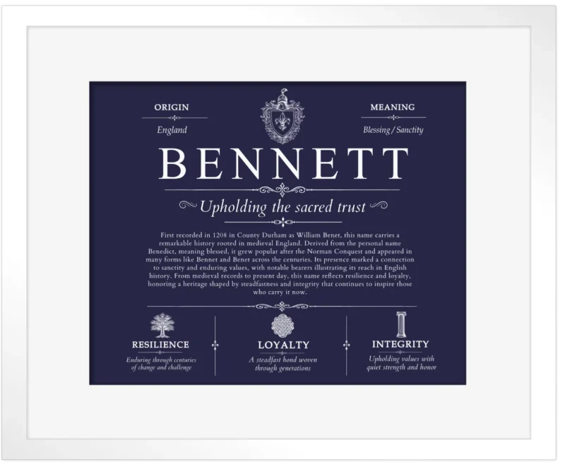 Bennett surname meaning and origin in Navy Blue with White Matte Frame