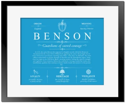 Benson surname meaning origin and heritage in Blue with Black Matte Frame