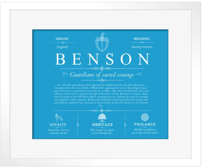 Benson surname meaning origin and heritage in Blue with White Matte Frame
