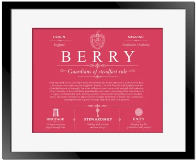 Berry surname heritage and history in Red with Black Matte Frame