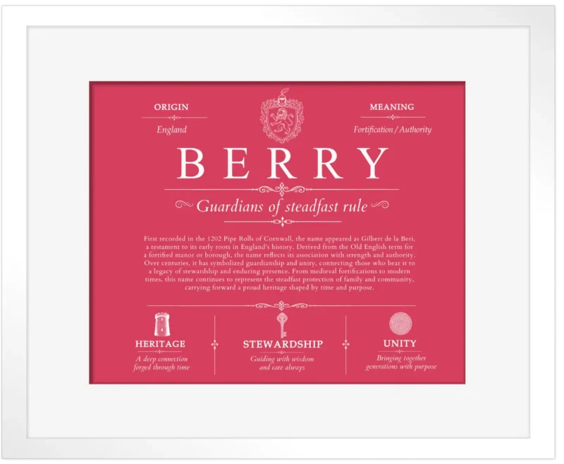 Berry surname heritage and history in Red with White Matte Frame