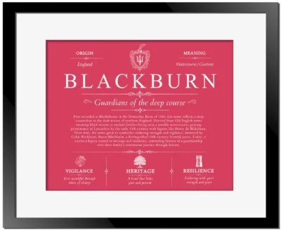 Blackburn family name heritage in Red with Black Matte Frame
