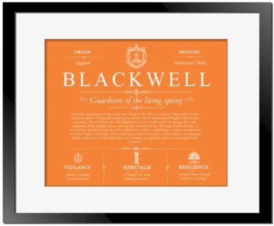 Blackwell last name origin and heritage in Orange with Black Matte Frame