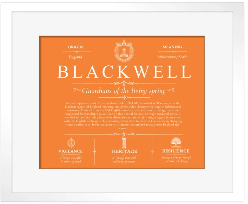 Blackwell last name origin and heritage in Orange with White Matte Frame