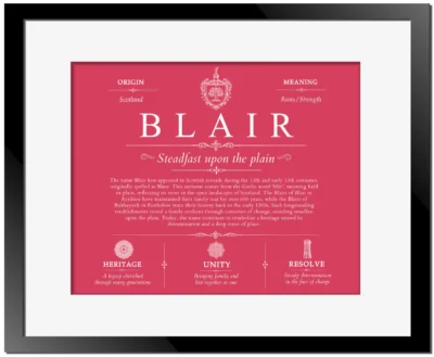 Blair last name origin and heritage in Red with Black Matte Frame