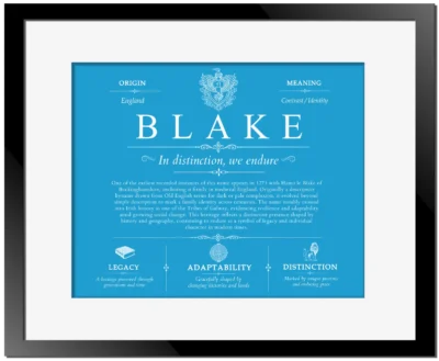Blake family name meaning and origin in Blue with Black Matte Frame