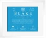 Blake family name meaning and origin in Blue with White Matte Frame