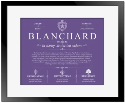 Blanchard family name origin and history in Purple with Black Matte Frame